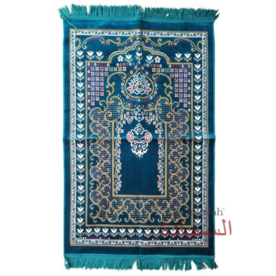 Tapis de prière de l'Islam - bleu sarcelle foncé coloré Mehrab fleurs Ja Namaz Salah