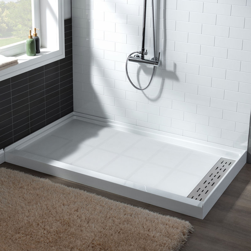 48" W x 32" D Solid Surface Single Threshold Shower Pan Base with Drain Assembly & Drain Cover Included, Non-Slip, Right