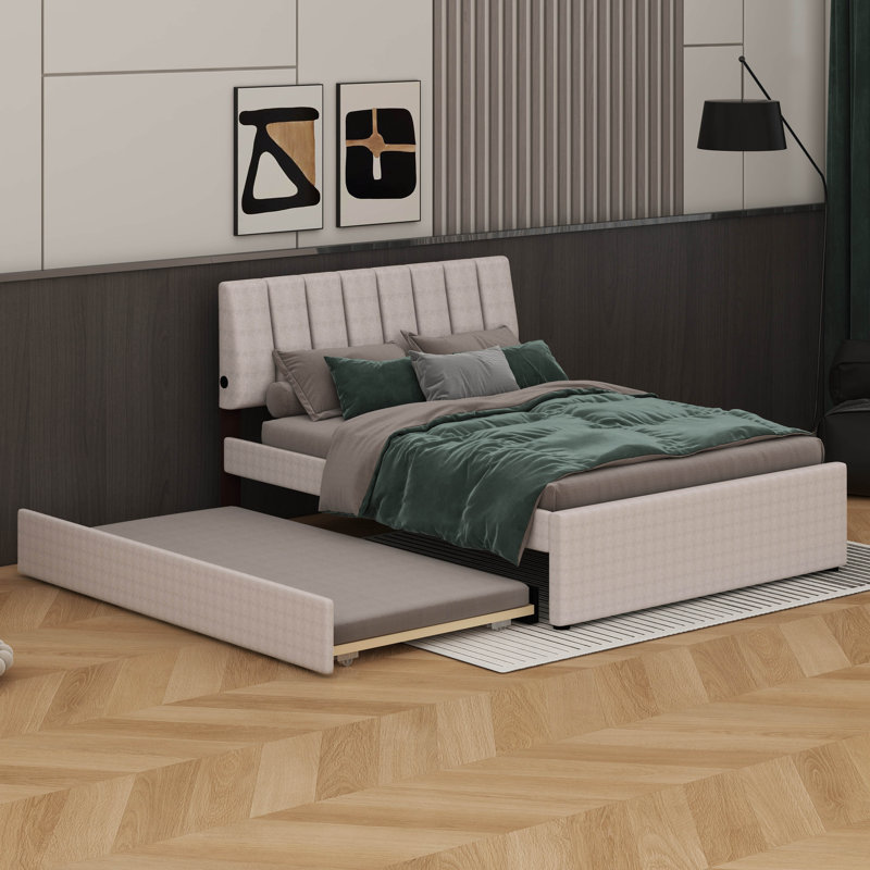 Lit plateforme tapissier Teddy, Beige, Lit double