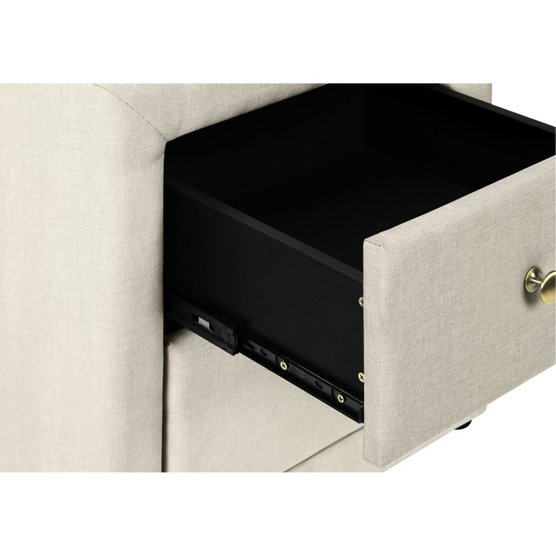 Table de chevet de chambre à coucher en beige - Rangement fonctionnel avec rangement en lin de style transitionnel rembourré