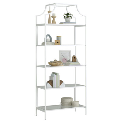 Modern White Bookcase With Metal And Glass Five Horizontal Shelves, For Display Storage In Primary Living Spaces, Build, Rounded Edges Shelves Offices, Construction, Unique Design, Compact Size