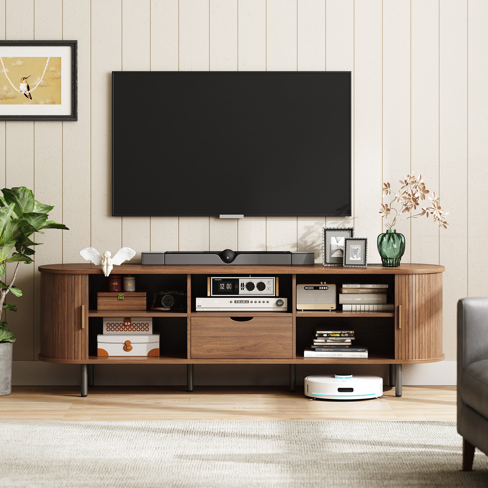 Tv Stand With Storage And Shelves Designed To Fit 55’’ - 80’’ Tvs. Wood Entertainment Center For Living Room And Bedroom, Media Console And Modern Tv Console Table