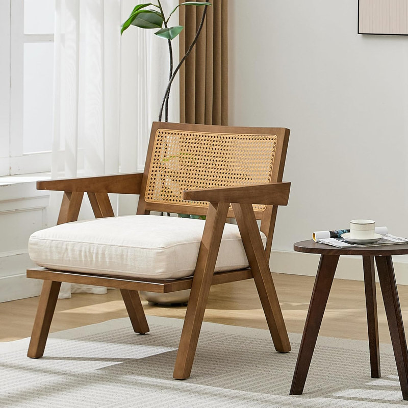 Upholstered Accent Chair, Beige Linen/Brown