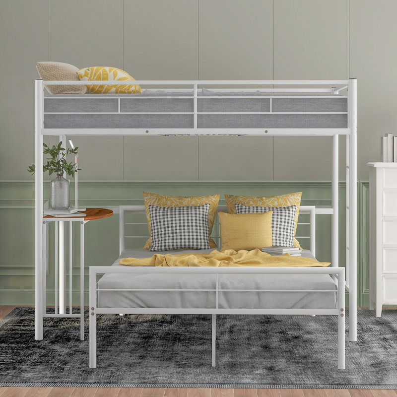 Metallic White Twin Over Full Metal Bunk Bed With And Quality Desk, Stable For Bedroom, Fits Different Ages Integrated Desk - White, Space Saving Bedroom Wonder