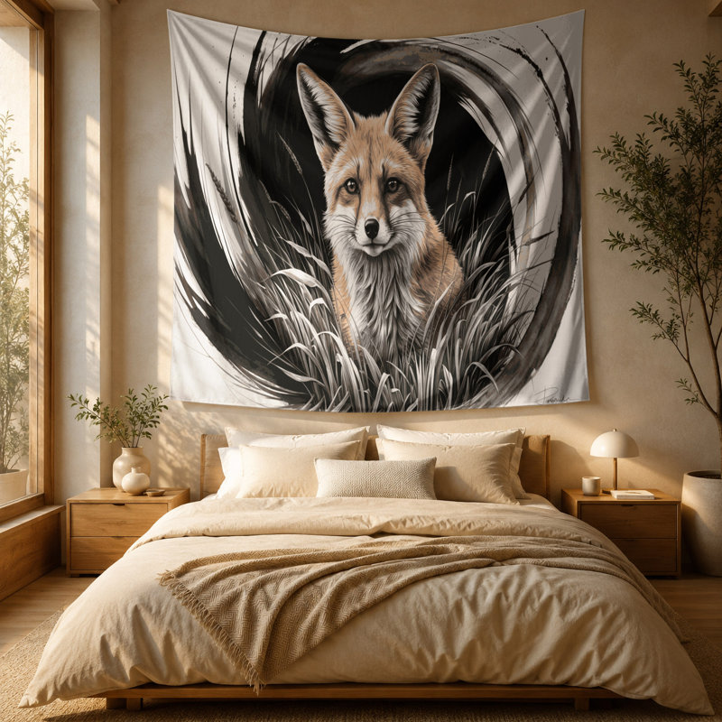 Tapisserie murale représentant un renard à oreilles de chauve-souris, 51 po x 60 po