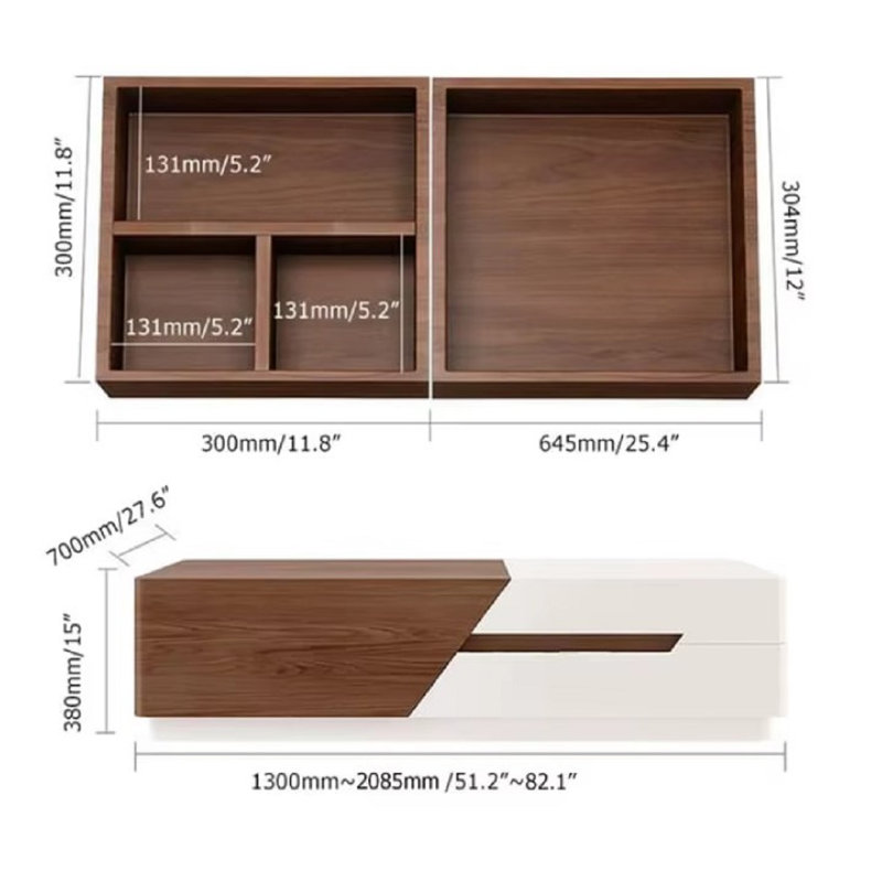 Table basse extensible de luxe 52 "avec rangement extensible 52"