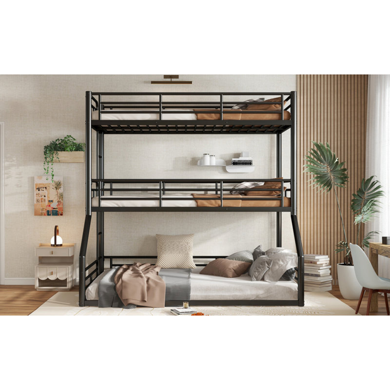 Lit superposé simple au dessus d'un lit double, lit superposé triple en métal avec garde-corps de sécurité, lit superposé robuste avec conception à bruit réduit, noir