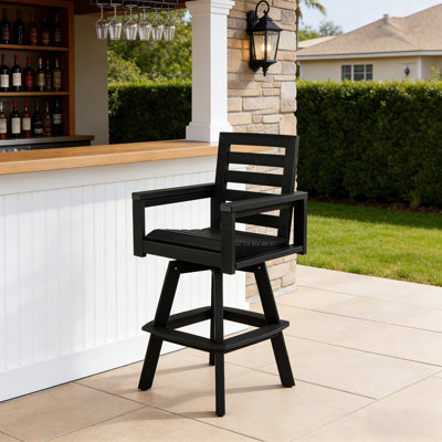 360° Swivel Outdoor Bar Stool, All-Weather HDPE Patio Bar Chair with Ladderback Design & Hot-Embossed Wood Grain, for Poolside Deck Porch