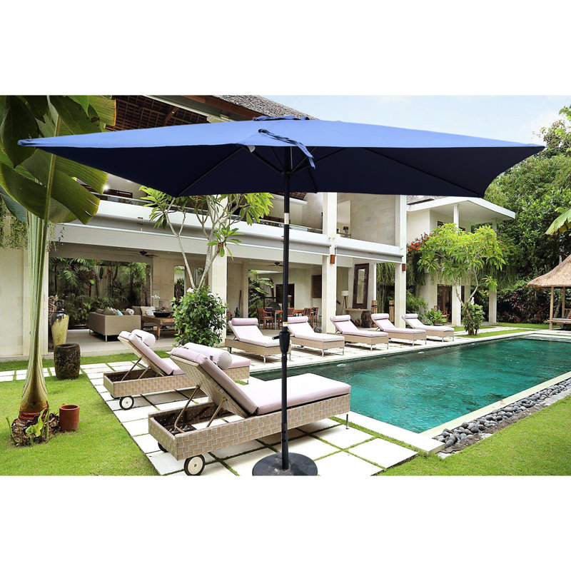 Parasol de patio 9 pi x 6 pi imperméable avec manivelle et inclinable, pour piscine de jardin, 6 pi x 9 pi, inclinaison relevable, piscine rectangulaire, bleu marine