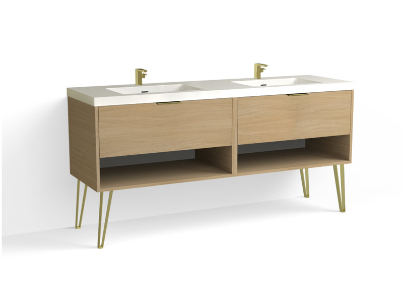 Modo 72" W Freestanding Double Bathroom Vanity with Dawson Leg, Glossy White/Single, Nocino, Satin Nickel