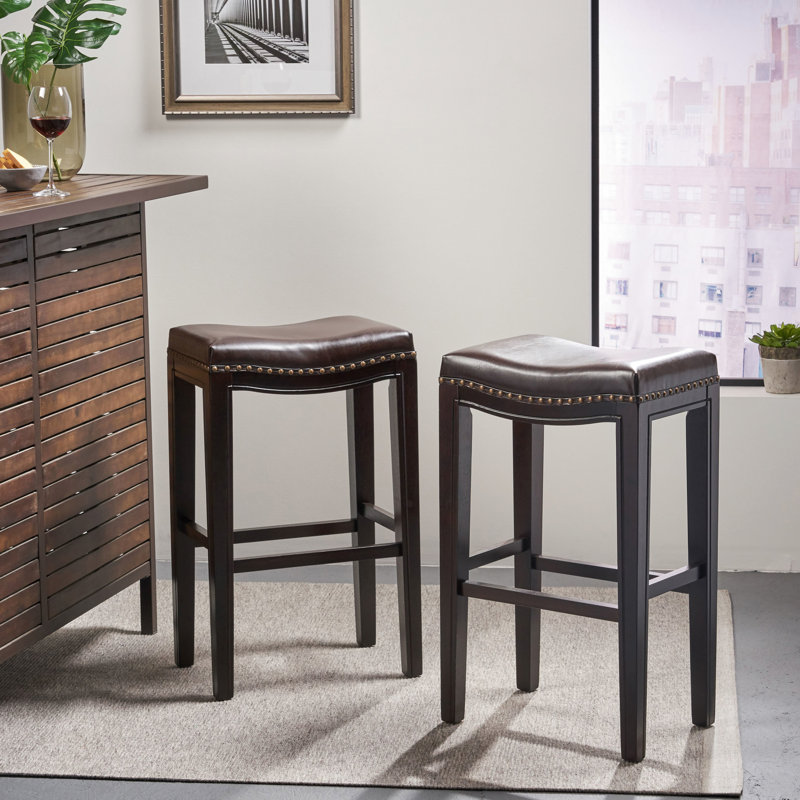 2Pcs Backless Bar Stools, Brown Pu, 12.2In, Wooden Construction Stools Two, Bonded Leather Seat, Rubberwood Construction, 29.44 In Height, 19.04