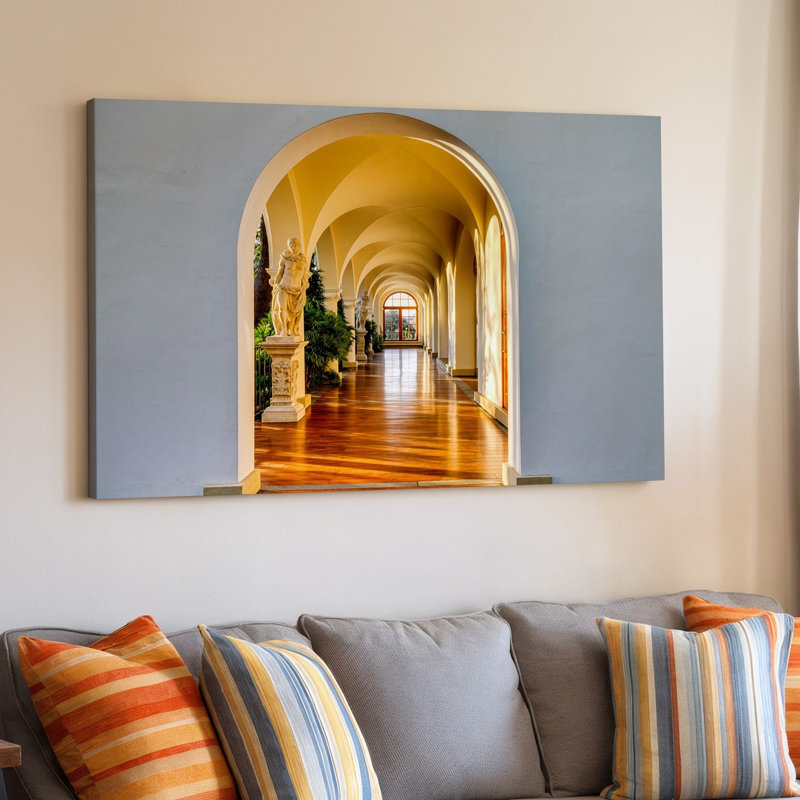 Toile «A Bright and Inviting Interior Scene Doté d'une porte», art mural encadré par une arche blanche épurée menant à une toile spacieuse