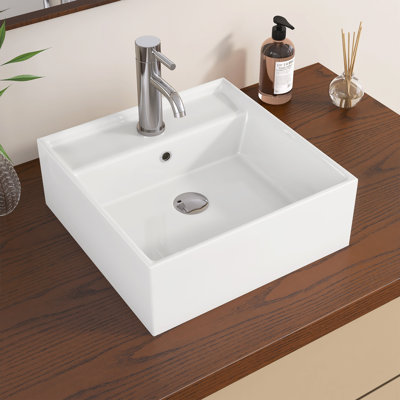 15,75 po X 15,75 po Petit évier rectangulaire en céramique à fixation murale avec trou pour robinet central en blanc