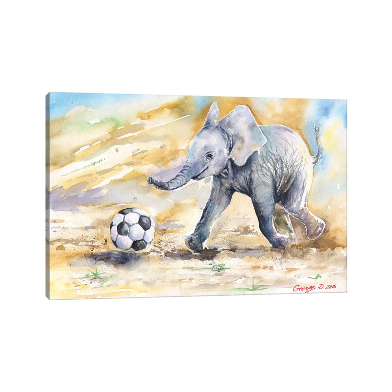 Elephant Calf And Ball by George Dyachenko - Wrapped Canvas Print, 20.32 cm H x 30.48 cm W