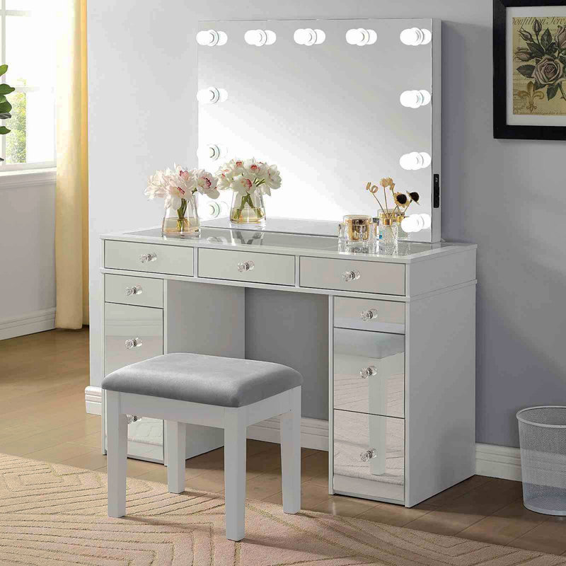 Contemporary Style 1Pc Vanity W/ Stool Set Glass Top Storage Drawers Central Mirror W/ Bulbs USB And Power Outlet White And Gray Finish