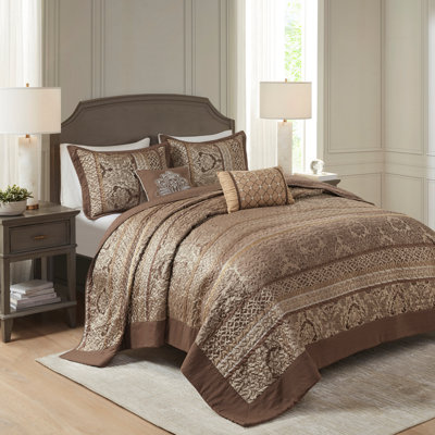 Ensemble de couvre-lit réversible 5 pièces en jacquard brun / doré