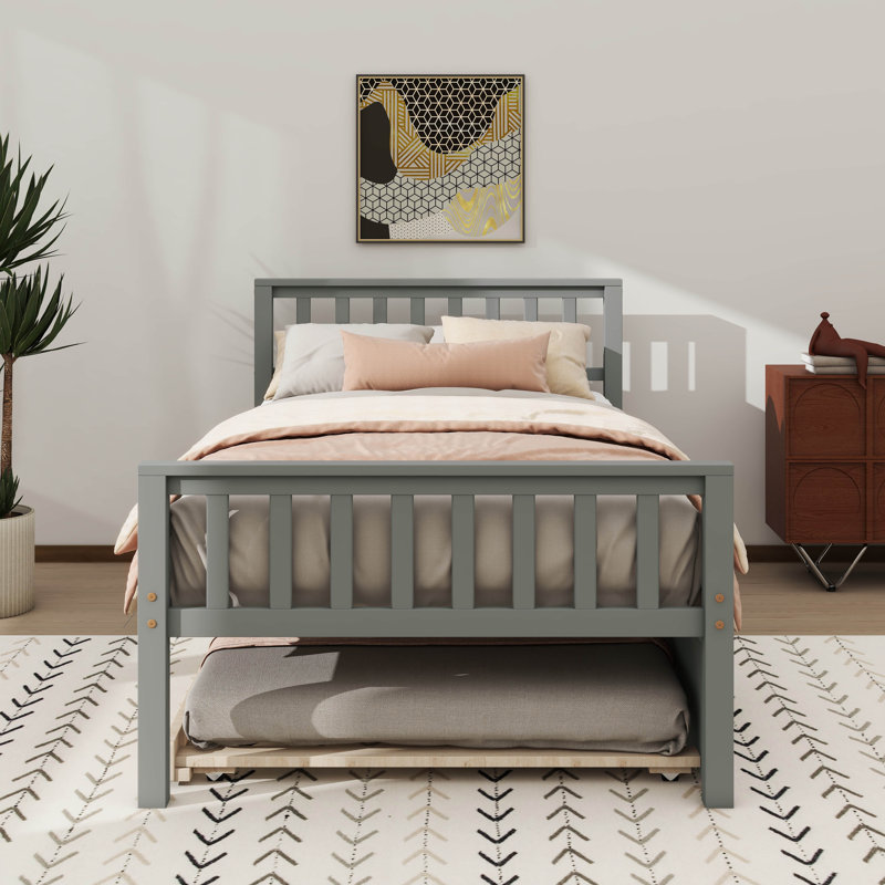 Structure de lit plateforme robuste en bois avec lit gigogne escamotable, Gris