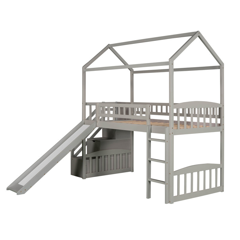 Lit mezzanine simple avec deux tiroirs et glissade, lit maison avec glissade, gris (ancien SKU: LT000130AAE)