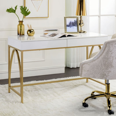 2 Drawers Writing Desk with Metal Trestle Base, White High Gloss and Gold