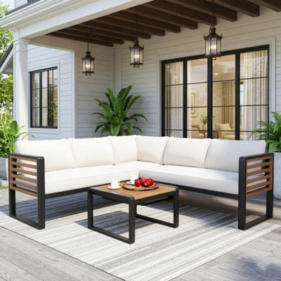5-Person 76" L-shaped Outdoor Corner Loveseat Sofa with Coffee Table and Soft Cushions, Patio Conversation Set with Steel & Wood Frame