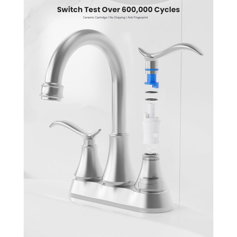 Bathroom Faucet Brushed Nickel With Pop-Up Drain & Supply Hoses 2-Handle 360 Degree High Arc Swivel Spout Centerset 4 Inch Vanity Sink Faucet