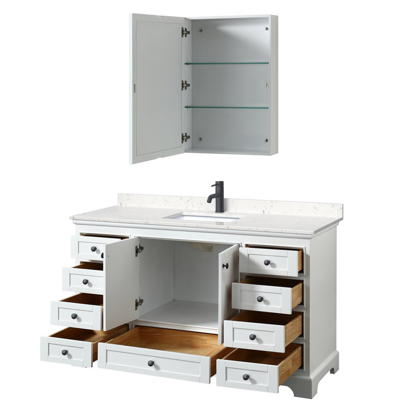 Ensemble de meuble-lavabo de salle de bain simple avec miroir 60 po Deborah, Blanc, Or brossé