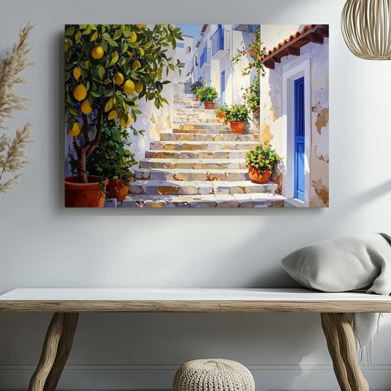 Art mural sur toile, allée méditerranéenne ensoleillée Canvascharming Village, escalier et citronniers, H 9 po x l 12 po