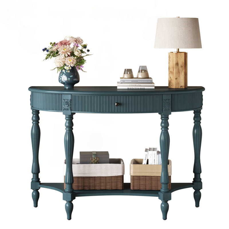 Console demi-lune en bois massif avec tiroir cannelé en bleu rustique