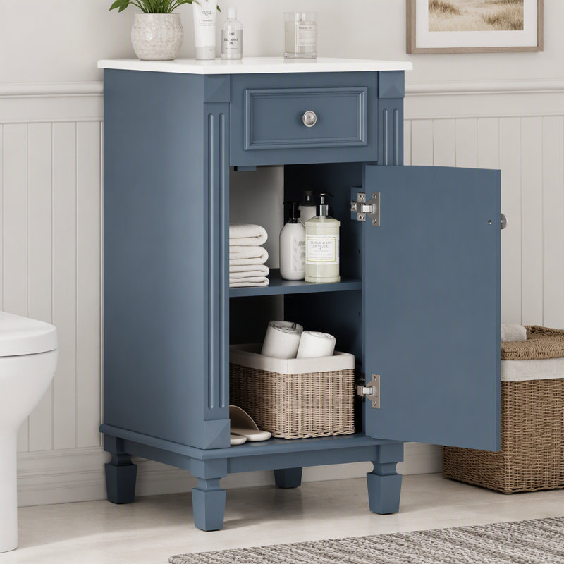 Meuble-lavabo de style français de 45,7 cm (18 pouces) avec porte à fermeture en douceur, Bleu, Argent