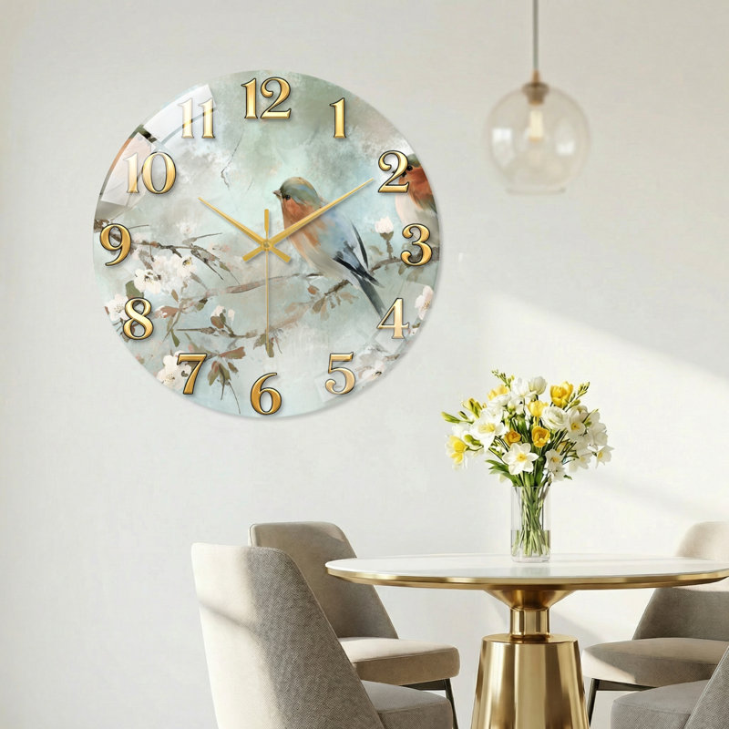Oiseaux fleurs, horloge murale en verre, 40 x 40 cm (15,7 x 15,7 pouces)
