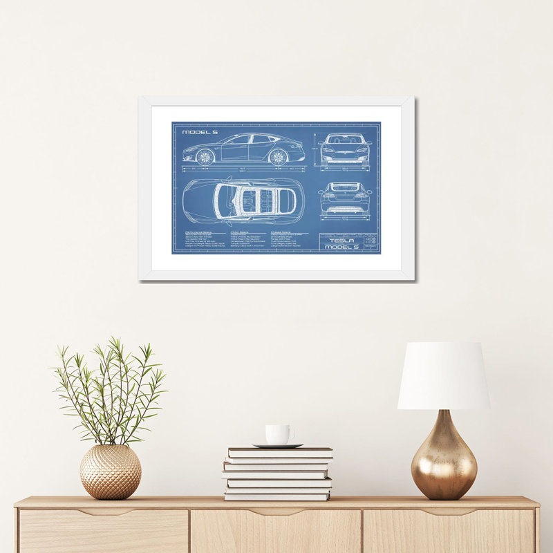 Modèle Tesla S (2016-2020) Blueprint-impression de dessin, Papier encadré blanc, Blanc, H 16 po x l 24 po x P 1 po