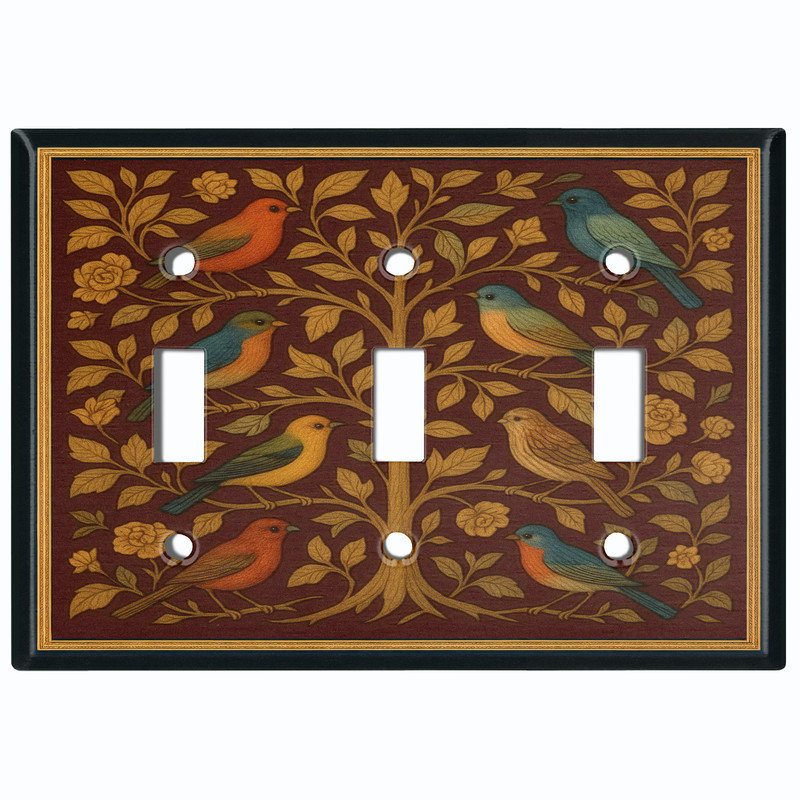 Metal Light Switch Plate Cover; US Standard Size 2 Gang Toggle - Rustic Tree with Birds, Triple # 3