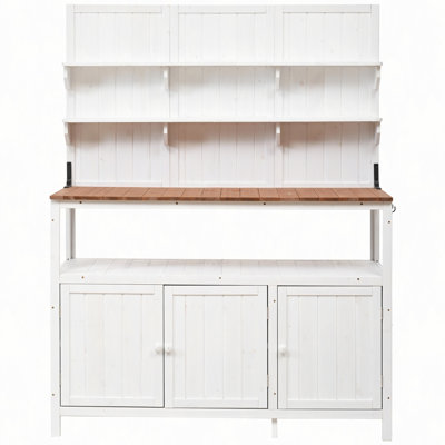 Banc de rempotage avec huche, poste de travail de jardin en bois de sapin massif 50,2 po, grand comptoir, 2 tablettes, 2 armoires, 3 crochets latéraux, table de plantation extérieure pour le jardinage