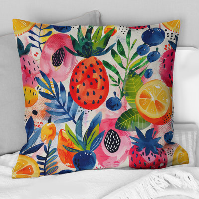 Red Green Wild Fruits Watercolor Collage - Floral Throw Pillow