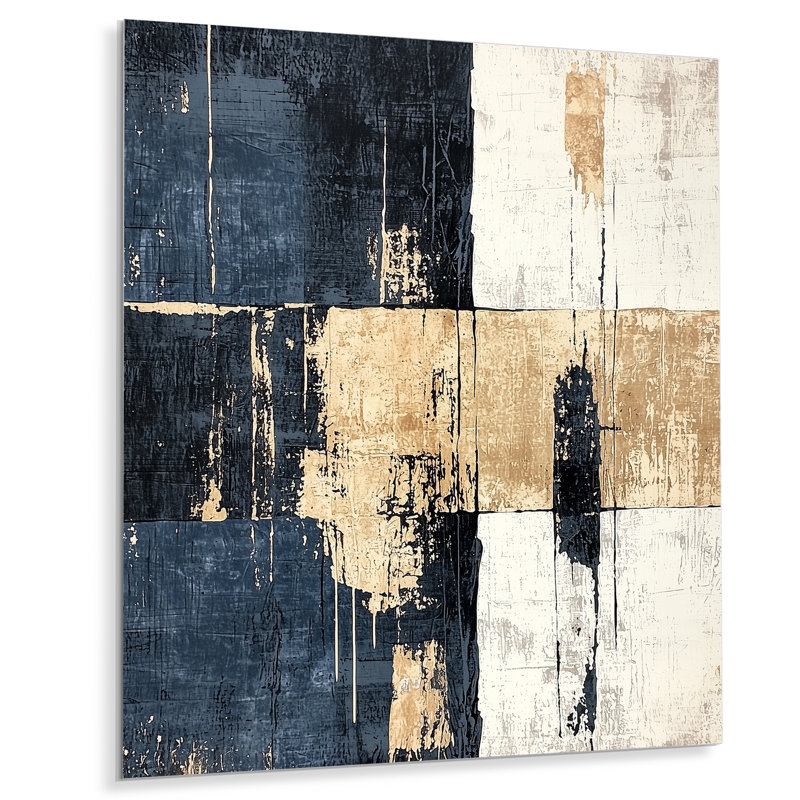 Minimalist Beige And Blue Cubism Balance III - Abstract Metal Art, Abstract Cubism Metal Print, 20" H x 12" W x 0.84" D