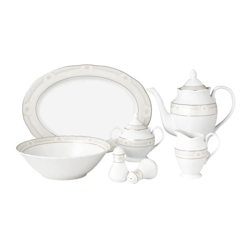 Elegant Silver Banded Porcelain Dinnerware Set for 8