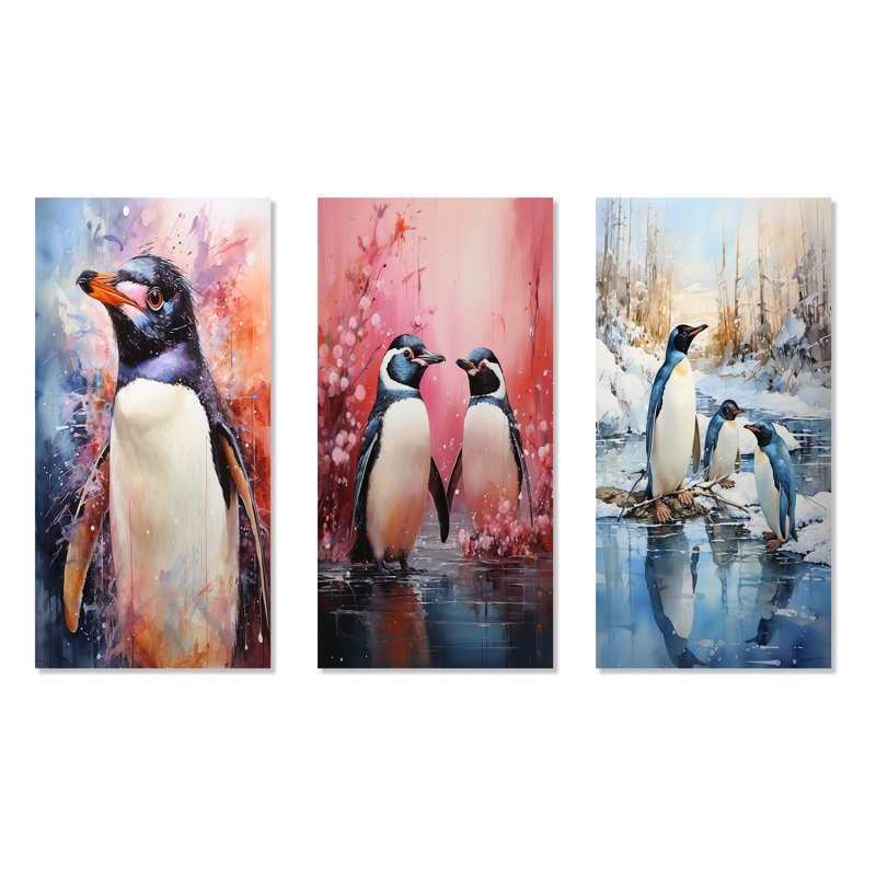 Ensemble de 3 pingouins antarctiques élégants - pingouin, art mural en métal, H 32 po x l 48 po