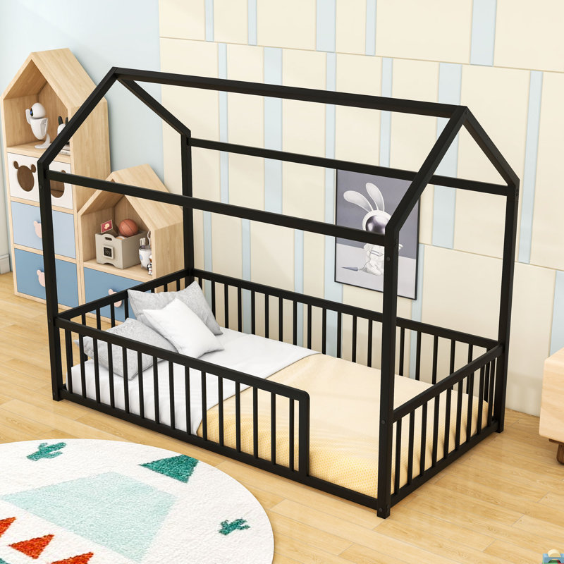 Lit Montessori en métal avec un design en forme de maison, Simple, Noir