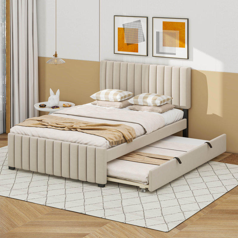 Lit plateforme double avec lit gigogne, Beige