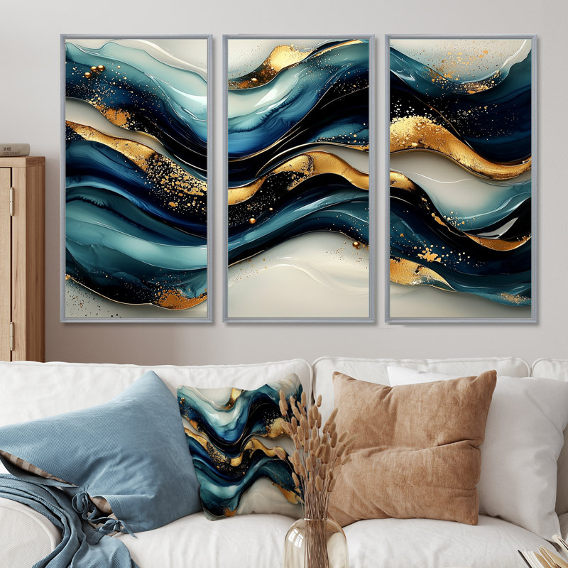 Fusion de pierre sur Blue River III - art mural vagues - 3 panneaux, H 28 po x l 36 po, Argent argent