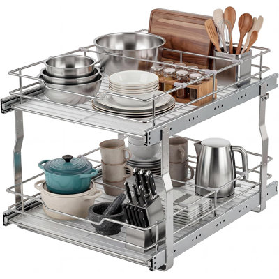 14*21 inches 2-Tier Heavy Duty Steel Pull Out Cabinet Storage Basket, Slide Drawer Organizer for Kitchen Pantry & Under Sink Cabinets