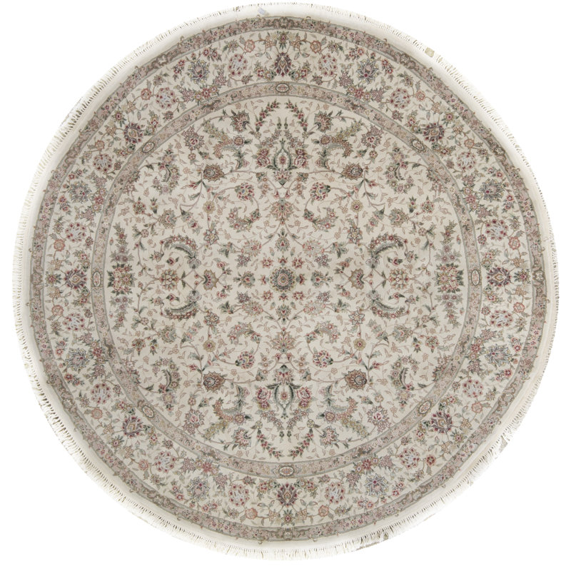 Hand-Knotted High-Quality Ivory, Red, and Brown Round Area Rug
