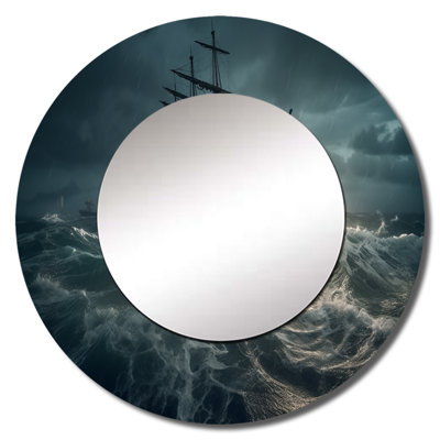 Persida Ship In The Middle Of A Storm I - Beach Unique Wall Mirror Decor, Modern Large Round Mirror, Printed Metal Art