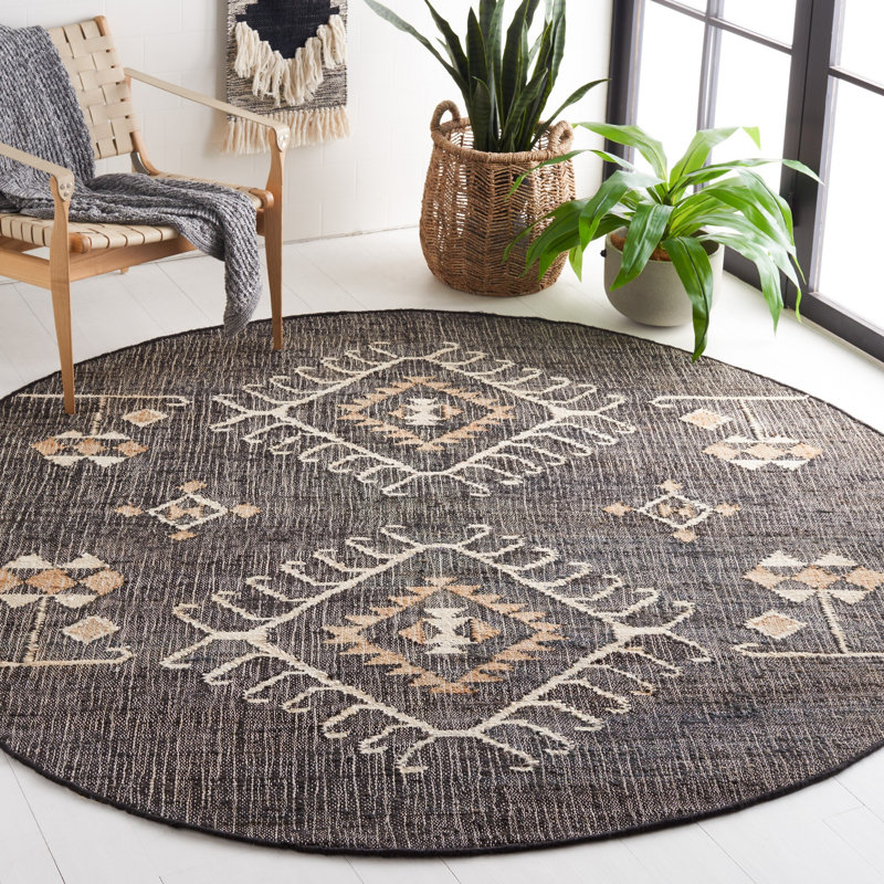 Mickie Southwestern Handmade Flatweave Jute Black/Ivory Area Rug, Round 5'