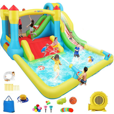 15.6' X 11' Giant Inflatable Water Slide Bounce House With Air Blower, Pool, Sprayers For Backyard Play