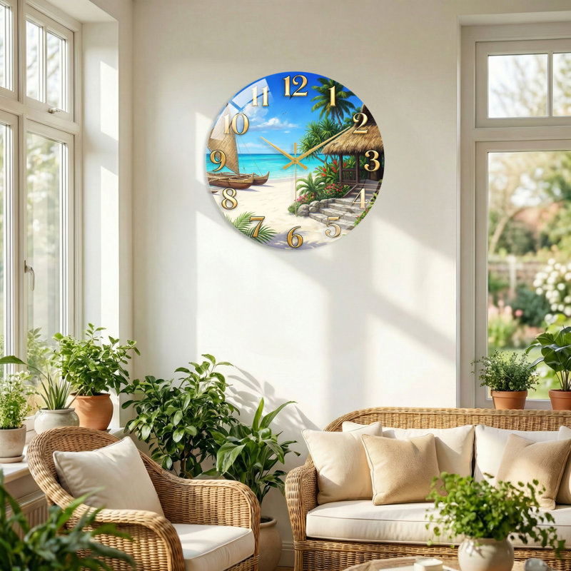 "Tropical Beach", horloge murale en verre, 40 x 40 cm (15,7 x 15,7 pouces)