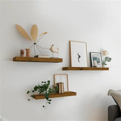 Set of 3 Rustic Brown Floating Shelves | 16-Inch Wall Storage for Bathroom, Kitchen, Bedroom