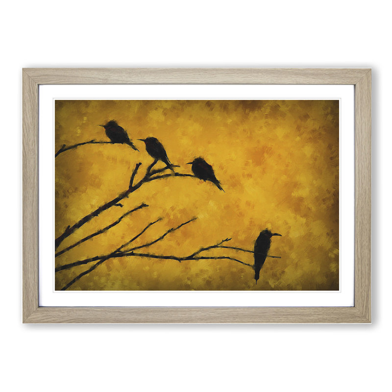 Birds on a Tree Branch - Picture Frame Painting, 27cm H x 36cm W x 2cm D, Oak Framed