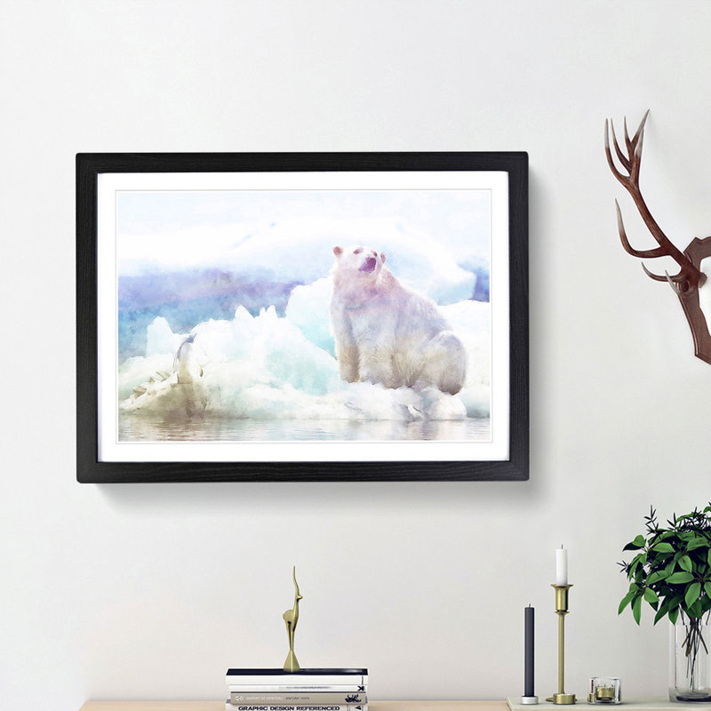 Penguin & Polar Bear - Single Picture Frame Painting on MDF, Black Framed, 27cm H x 36cm W x 2cm D