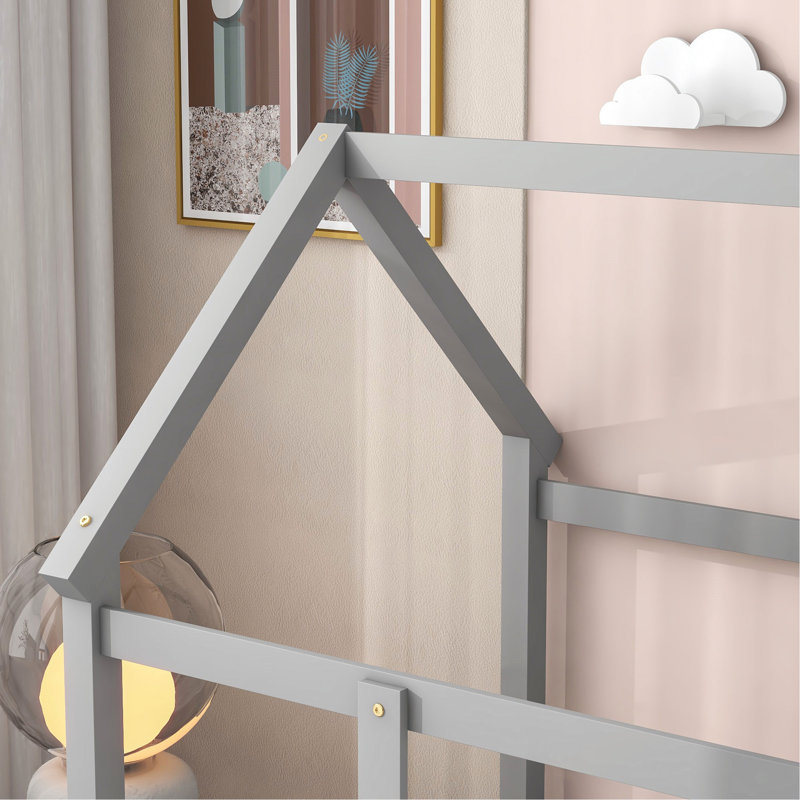 Thendara Floor Bed Frame, Wooden Platform Bed with House Roof Frame and Fence Guardrails, Twin, Grey